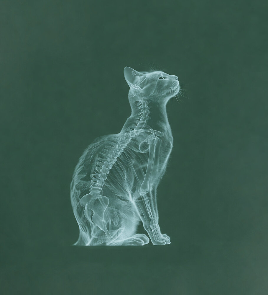 Röntgenartige Darstellung einer sitzenden Katze mit sichtbarer Wirbelsäule und Knochenstruktur vor dunkelgrünem Hintergrund.